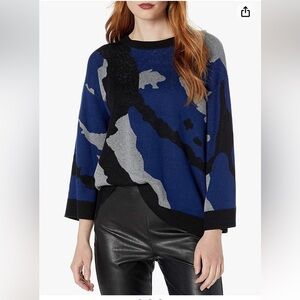 Cable Stitch Blue Camo Jacquard Pullover Sweater 3/4 Sleeves Crew Neck Womens M